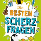 „Die besten Scherzfragen“ in bunten Buchstaben. Illustrationen: Biene, Pinguin, Popcorn, Gitarre, Fragezeichen, Sterne.