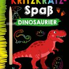 Text: "KRITZKRATZ-SPAß DINOSAURIER". Ein bunter Dinosaurier auf schwarzem Hintergrund, mit Kritzelzeichnungen und Holzstift.