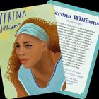 Serena Williams, Tennisspielerin. Illustration mit braunen Locken, blauem Stirnband und ärmellosem blauen Oberteil.