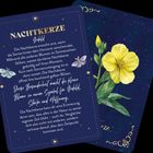 Zwei Karten; Text über Nachtkerze als Symbol für Geduld und Hoffnung. Gelbe Blüte und Nacht-Hintergrund.