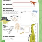 Formular mit Dinosauriern. Texte: "Ich heiße:", "Hier wohne ich:", "Meine Telefonnummer:", "Mein Geburtstag ist am:".