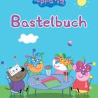"Peppa Pig Bastelbuch" steht groß in der Mitte. Kinder mit bunten Masken sitzen um einen Tisch. Oben eine Sonne und eine Wolke.