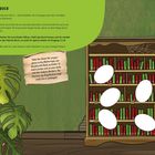 „Ein besonderes Buch“ ist der Titel. Eine Aufgabe fordert, Sticker Nr. 10 ins Regal zu kleben, um ein Buch zu finden. Illustration: Bücherregal.