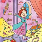 Eine fröhliche Figur in einem Kleid und Krone tanzt in einem Schatzraum mit Münzen, Juwelen und einer Schatztruhe.