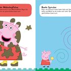 Zwei Aufgaben: „Frisch aus der Matschpfütze“ Peppa mit Matschflecken, „Bunte Spiralen“ Peppa und Schorsch mit Lollis und Spiralen.