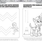 ALEX UND KATIE RENNEN DURCH DIE ABENTEUERBUCHT. SICHE­RUNG FÜR RUBBLES BAUSTELLE. Kinder und ein Zeichentrickhund.