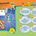 Freie Spielzeit! So geht's: Schneide Streifen. Bastelvorlage, Schere, Klebstoff, Hilfe nötig. Anleitung für Papierbälle.