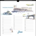 Kalenderblatt mit der Überschrift "FRIEDRICHSHAFEN" und "Juni". Illustrationen von Boot, Gebäude und Brücke.