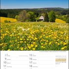 Kalenderseite für März 2027 mit gelbem Feld voller Blumen vor einem Wald und einer Hütte im Hintergrund.