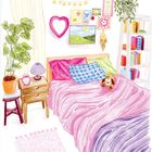 Illustration eines gemütlichen Schlafzimmers mit Pflanzen, einem Bett, farbenfroher Bettwäsche, Bildern und Dekorationen an der Wand.