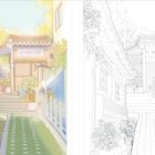 Links Text „비밀의 정원“, traditionelle Gebäude in einem sonnigen Hof; rechts Schwarzweiß-Version derselben Szene.