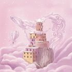 Eine Illustration mit einem Schloss auf einem Felsen, umgeben von rosafarbenen Wolken und einem Wolkenwal. Ein Heißluftballon schwebt. 