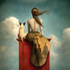 XVIII · Der Mond. Eine Frau und ein Hund sitzen auf einer Mauer, blicken zum großen Mond, umgeben von Wolken.