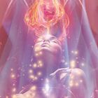 Text: "DIE BRENNENDE ROSE". Eine Frau blickt nach oben, darüber eine leuchtende, flammende Rose.