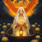 „Phönix & Lotus, Neubeginn · Auferstehung · Erblühen“. Frau mit Lotus, Phönix im Hintergrund, Mondphasen oben.