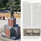 Text: "Die Stadt aus Putz (ab 1921)". 
Statue auf bunt verziertem Podest, daneben Menschen und Bäume. Briefmarke mit Gebäudemotiv.