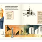 "Den Blick des Betrachters lenken"; Zeichnungen mit Gebäuden, Vögeln; oben: Schwarz-weiß, unten: farbig; Elemente Berlins.