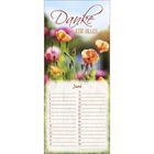 "Danke für alles. Juni." zeigt eine Liste von Tagen 1 bis 30, hinterlegt mit bunten Blumen, unscharfer Wiese und hellem Himmel.