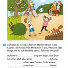 Text für Lückentextübungen. Kinder auf einem Spielplatz, rutschen, spielen Ball. Eichhörnchen und Vogel sitzen im Baum.
