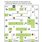 Was hat Moni am Wochenende gemacht? Folge den Geräuschen, die sie hörte. Zeichne den Weg ein. ZOO, FREIBAD, SPIELPLATZ, KINO.