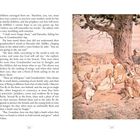 Text links über Kindern und Wildgänsen. Rechts Illustration: Gruppe unter Baum, blickt über Landschaft, friedliche Szene.