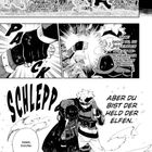 Manga mit zwei Charakteren. Dialoge über Stärke, Bewunderung und Heldentum. Eine Figur trägt die andere über Trümmer.