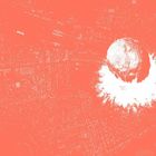 Text: "Didymos 780 m". Illustration zeigt eine weiße Kugel mit Staubwolke auf orangefarbenem, kartographischem Hintergrund.