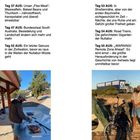 Texte beschreiben Reiseetappen in Australien, z.B. Tag 37: Ernährungstipps, Tag 47: Landschaftswechsel. Szenen von Camping und Radfahren.