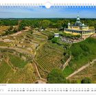 Juni. Das Spitzhaus an den Radebeuler Elbhängen. Weinberge in Terrassen mit einem Gebäude auf einem Hügel.
