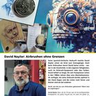 David Naylor: Airbrushen ohne Grenzen. Oben links: Interview. Oben rechts: Detaillierte bunte Illustration eines Roboters.