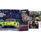 "TRIPLE CHAMPIONS IN DTM 2023." Rennwagen im Vordergrund, Menschen jubeln, Pokal in der Hand zweier Personen.