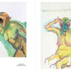 Linke Seite: "Sprechzwang, 1980". Rechte Seite: "Zwangsjacke, 2004–2005". Zwei farbenfrohe, expressive Figuren.