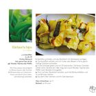 "Bärlauchchips", Rezept mit Zutaten: Kartoffeln, Bärlauch, Öl. Anweisungen: Ofen vorheizen, backen, würzen. Bild: goldene Chips.