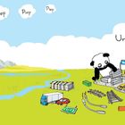 Text: "Piep Piep Piep", "Und eine Stadt...". Illustration einer Stadt mit Panda und Satellit.