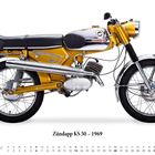 Zündapp KS 50 – 1969. Kalender für Juni. Goldenes Motorrad mit schwarzen Akzenten und Chromdetails.