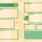 Kalender für September mit Wochentagen und leeren Feldern. Illustrationen: Cartoon-Figur mit Ball, Apfel, Biene.