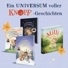 Text: "Ein UNIVERSUM voller KNOPF-Geschichten", "Ab 4 Jahren", "Ab 0 Jahren". Vier Kinderbücher mit bunten Illustrationen.