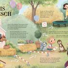 TILLIS WUNSCH. Kinder spielen auf einer Gartenparty mit Steckenpferden, Ballons, Kuchen und Geschenken. Fröhliche Szenerie.