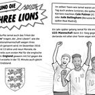 Text: "Jamal und die Three Lions", "England", "U15-Mannschaft", "Hattrick". Illustration: Jugendliche jubeln, Fußballthema.