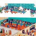 Eine unvollständige Illustration eines Museums mit Menschen, Kunstwerken und Puzzleteilen im oberen Bereich.