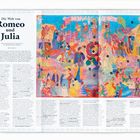 Titel: "Die Welt von Romeo und Julia". Eine bunte Illustration zeigt Szenen und Charaktere aus dem Stück, mit nummerierten Details.