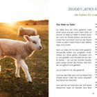 Links zwei junge Lämmer auf einer Wiese bei Sonnenuntergang. Rechts Text: "Zeugen Jener Augenblicks - Sie haben ihn zuerst gesehen - Von Vater zu Vater". 