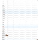 Kalenderblatt für Juni, illustriert mit einem Strand, Vögeln, einem Leuchtturm und Surfer. Wochentage und Daten in Spalten.