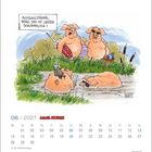 Zwei Schweine sagen: "Entschuldigung, aber das ist unser Schlammbad!" Ein anderes liegt im Schlamm mit einem Vogel auf dem Kopf.