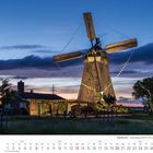 "6 2027, Niederrhein - Donsbrügger Mühle in Kleve." Windmühle bei Sonnenuntergang, beleuchtet mit Lichterkette.