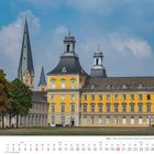 Kalenderseite Juni 2027; Bonn, Blick zum Kurfürstlichen Schloss mit Münsterbasilika; gelbes Gebäude, blauer Himmel.