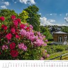 "6 2027" steht oben. Darunter blühende pink-rote Rhododendron-Büsche, ein Pavillon in einem grünen Garten, blauer Himmel.