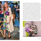 LINKS Sarah Jessica Parker mit einer Pailletten-Baguette am Set von And Just Like That ... im Webster Hall in New York City, 2021.  
UNTEN Baguettes in verschiedenen Größen und Materialien, zusammengestellt von Silvia Venturini Fendi anlässlich des 25-jährigen Jubiläums des ikonischen Designs.  
Rechts eine Frau in buntem Kleid, links Nahaufnahme einer Hand mit Taschen.