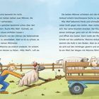 Zu lesen sind längere Textpassagen. Unter einem blauen Himmel zieht eine Figur ein Schaf zu einem Anhänger. Zwei Schafe auf dem Anhänger.