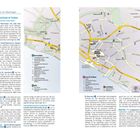 Rechter Bereich: Straßenkarte von Überlingen, listet Unterkünfte und Restaurants. Linker Bereich: Beschreibungen zu Hotels und Restaurants. 